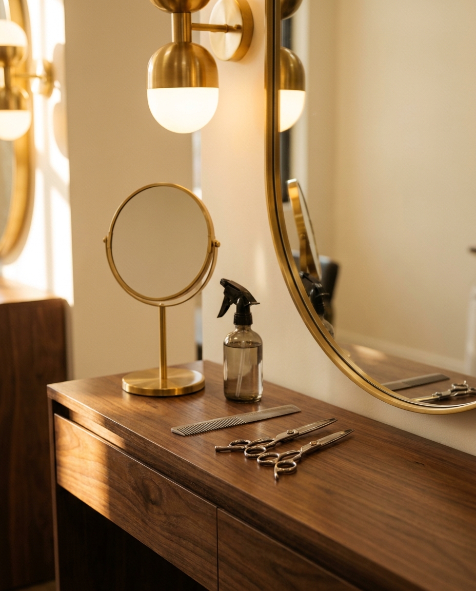 Stimmungsbild: Friseur-Arbeitsplatz mit Gold- und Nussbaum-Akzenten